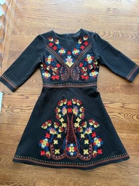LAI MENG FIVE‎ CATS Embroidered Floral Black Fit Flare Mini Dress Folk Girly S
